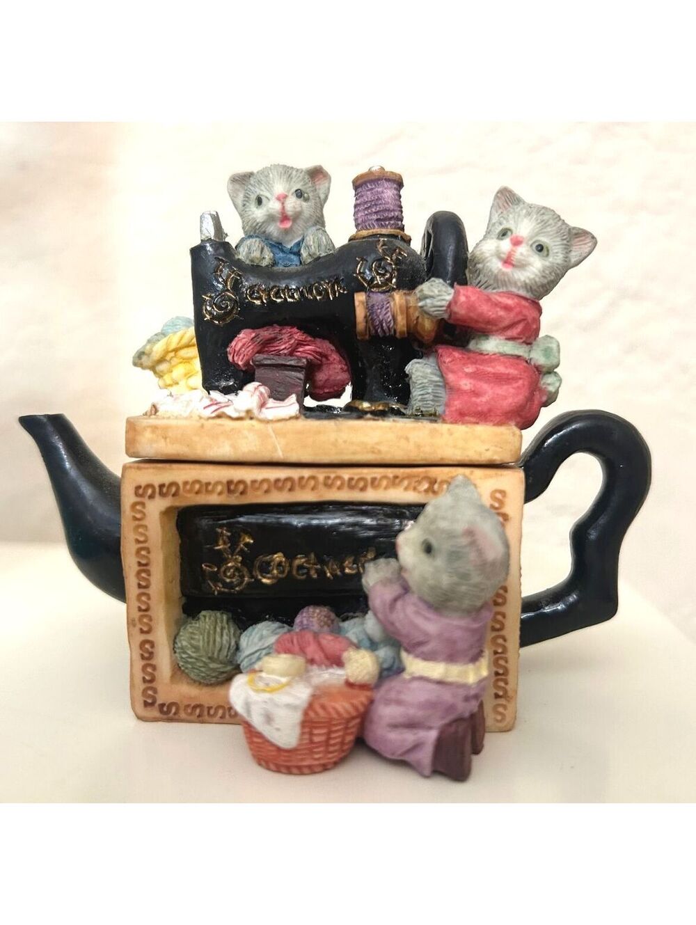 Cat Sewing Machine Mini Teapot Ceramic Kitten Sewing Room Figurine Collectible